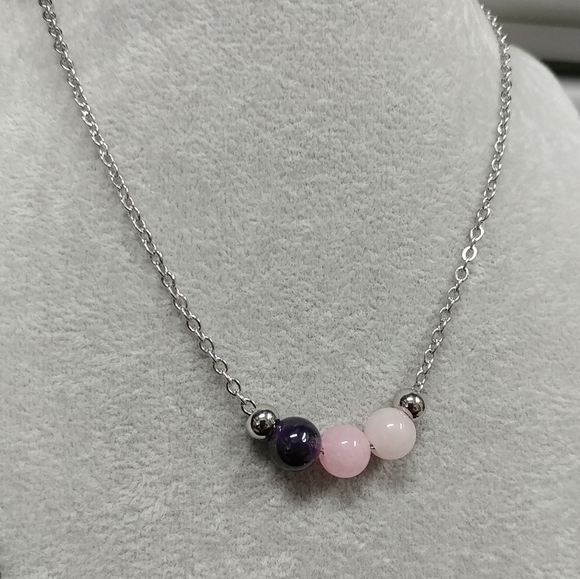 Rose Quartz Amethyst Three Bead Necklace Natural Gemstone Crystal StainlessSteel - Picture 13 of 14